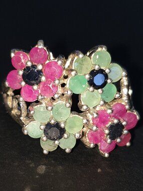 Stunning Vintage Natural Ruby, Emerald & Sapphire Sterling Silver Flower Ring